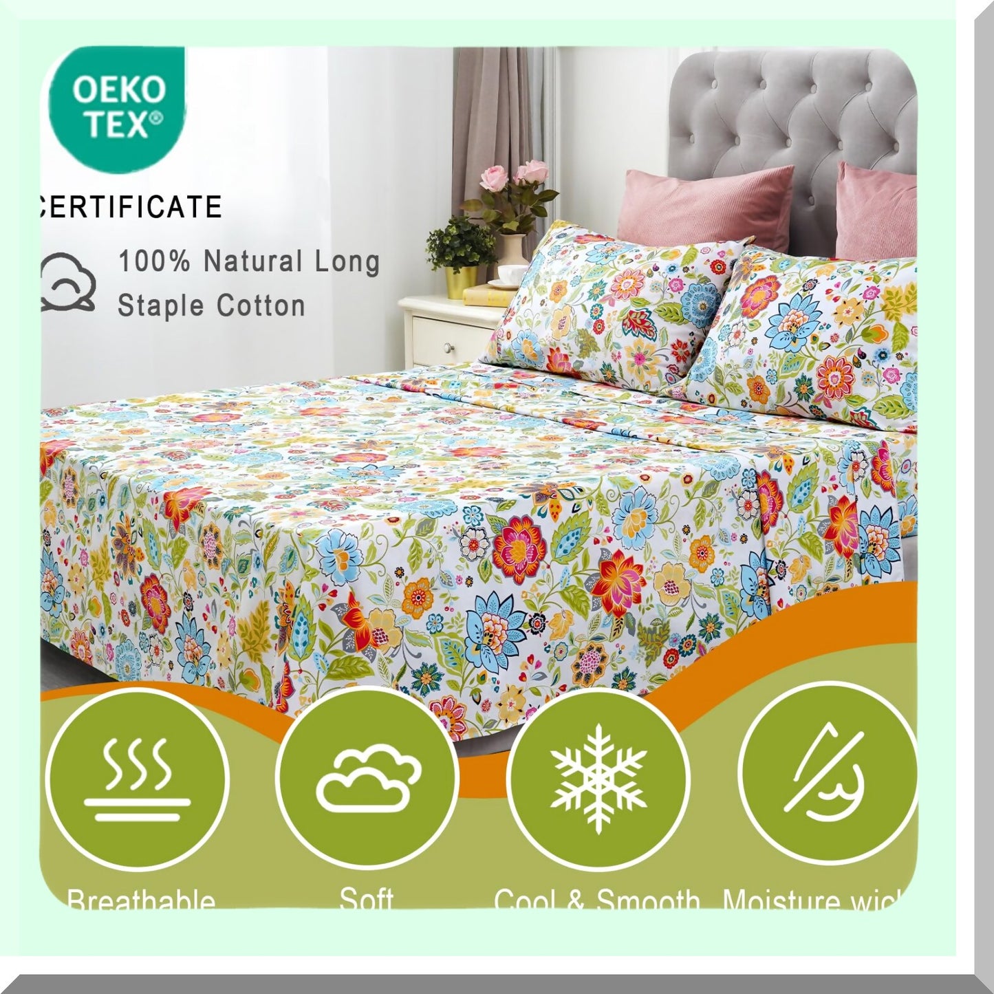 Luxury Floral Sateen Full Size Sheets - 800 Thread Count Cotton - Cooling & Breathable - Colorful Hotel Sheets - 16" Deep Pocket - 4 Piece Set