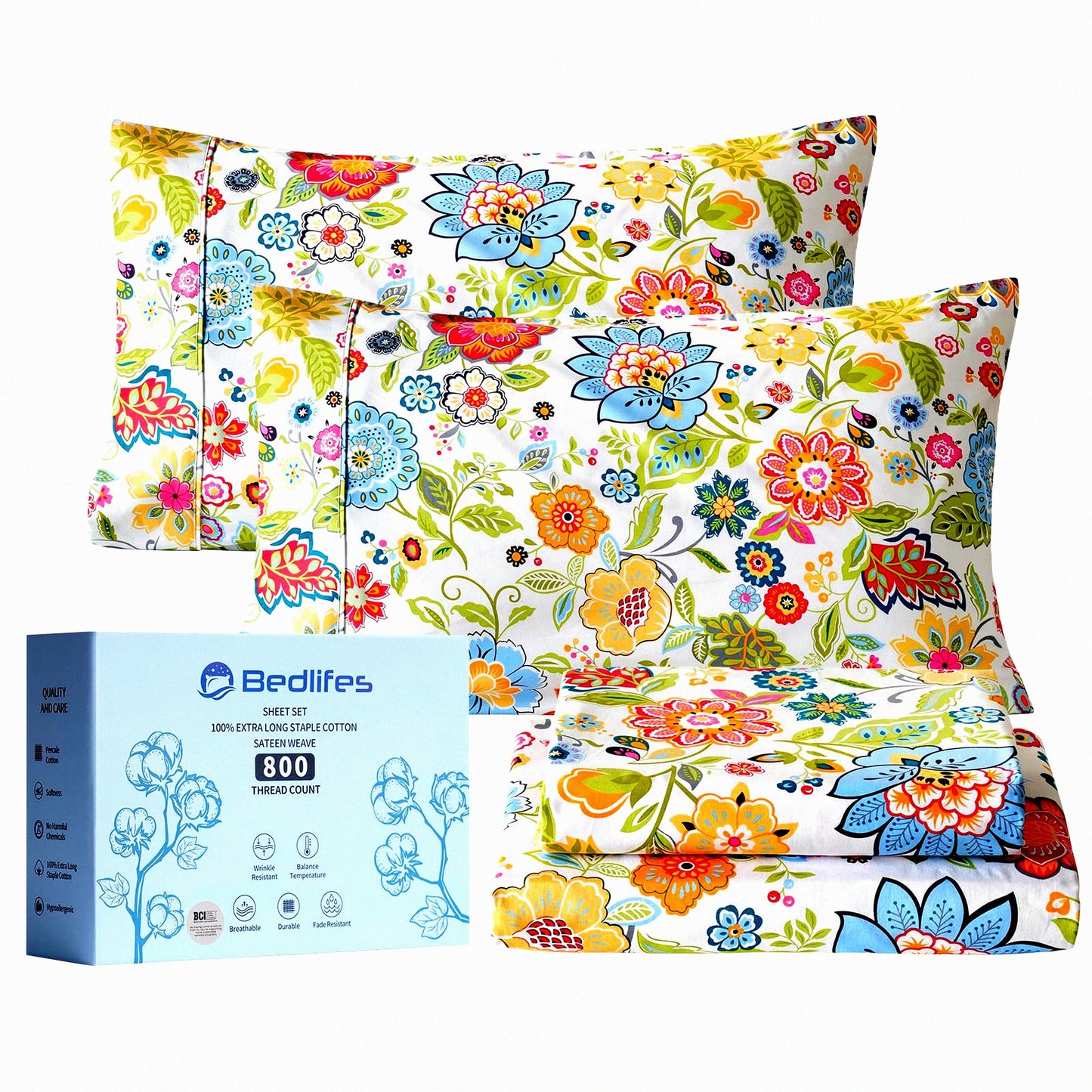 Luxury Floral Sateen Full Size Sheets - 800 Thread Count Cotton - Cooling & Breathable - Colorful Hotel Sheets - 16" Deep Pocket - 4 Piece Set