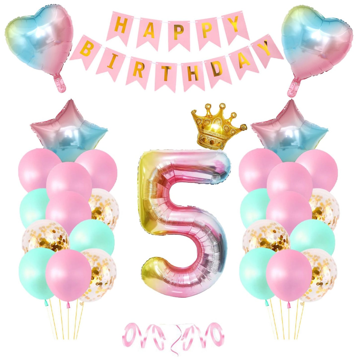 Pastel Star Heart Birthday Bash Kit - Happy Birthday Banner, F Balloons, Confetti Balloons - 5th Birthday Decorations for Girls Party Supplies