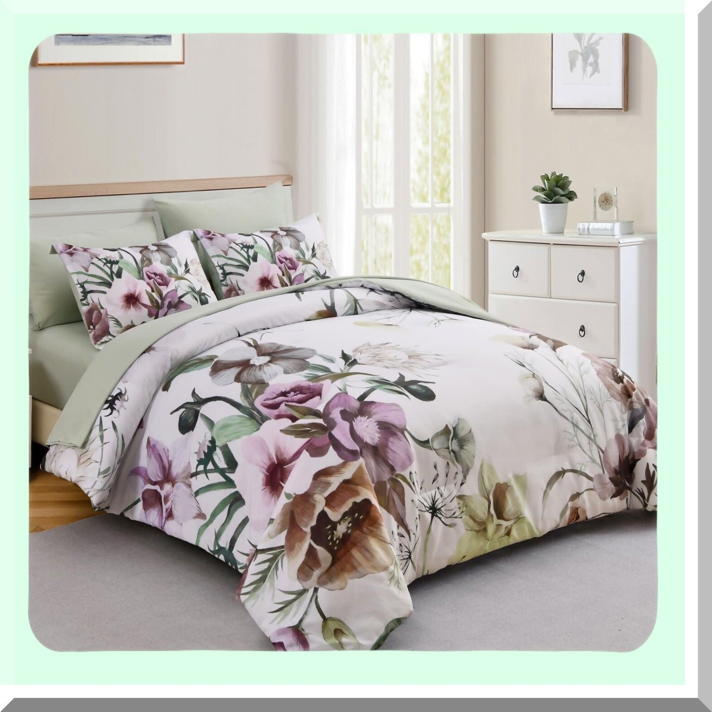 Green Blossom Bliss 7-Piece Queen Size Comforter Set - Elegant Floral Bed in a Bag with Soft Microfiber Sheets - All Season Bedding Set for a Cozy Night's Sleep