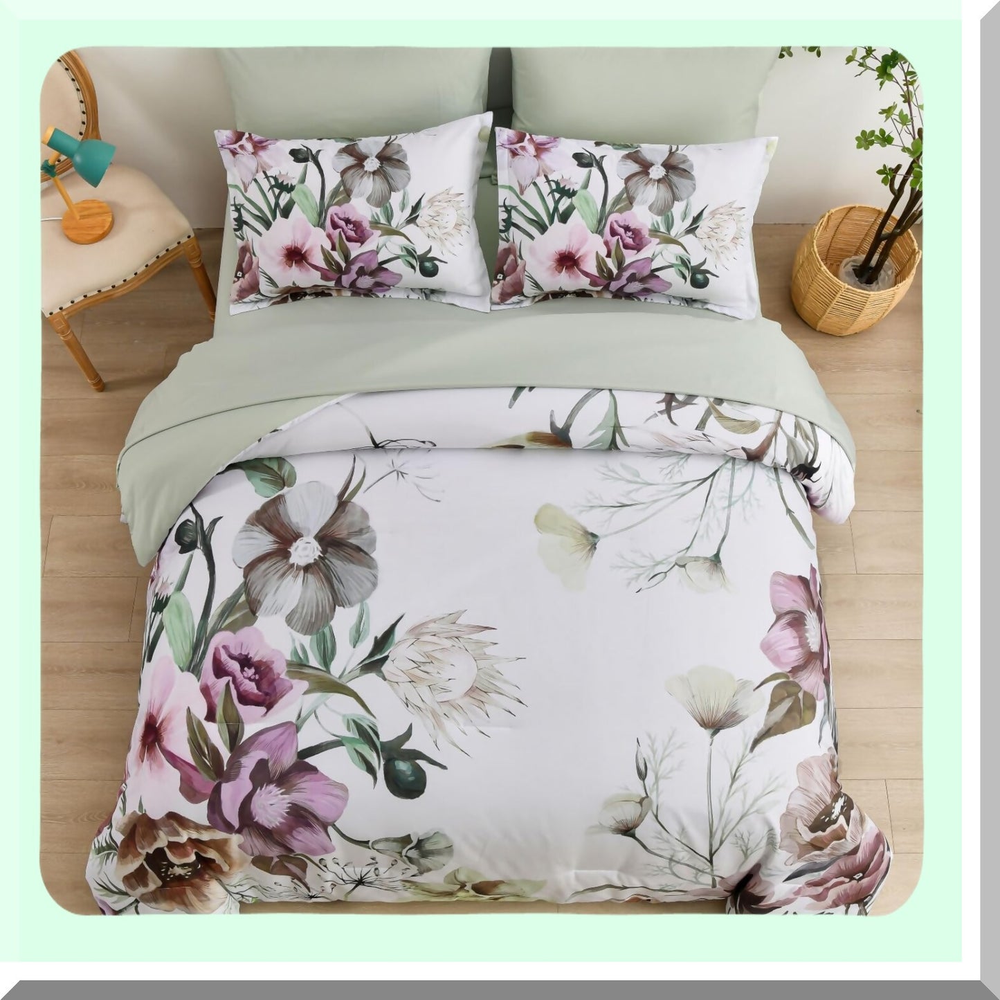 Green Blossom Bliss 7-Piece Queen Size Comforter Set - Elegant Floral Bed in a Bag with Soft Microfiber Sheets - All Season Bedding Set for a Cozy Night's Sleep