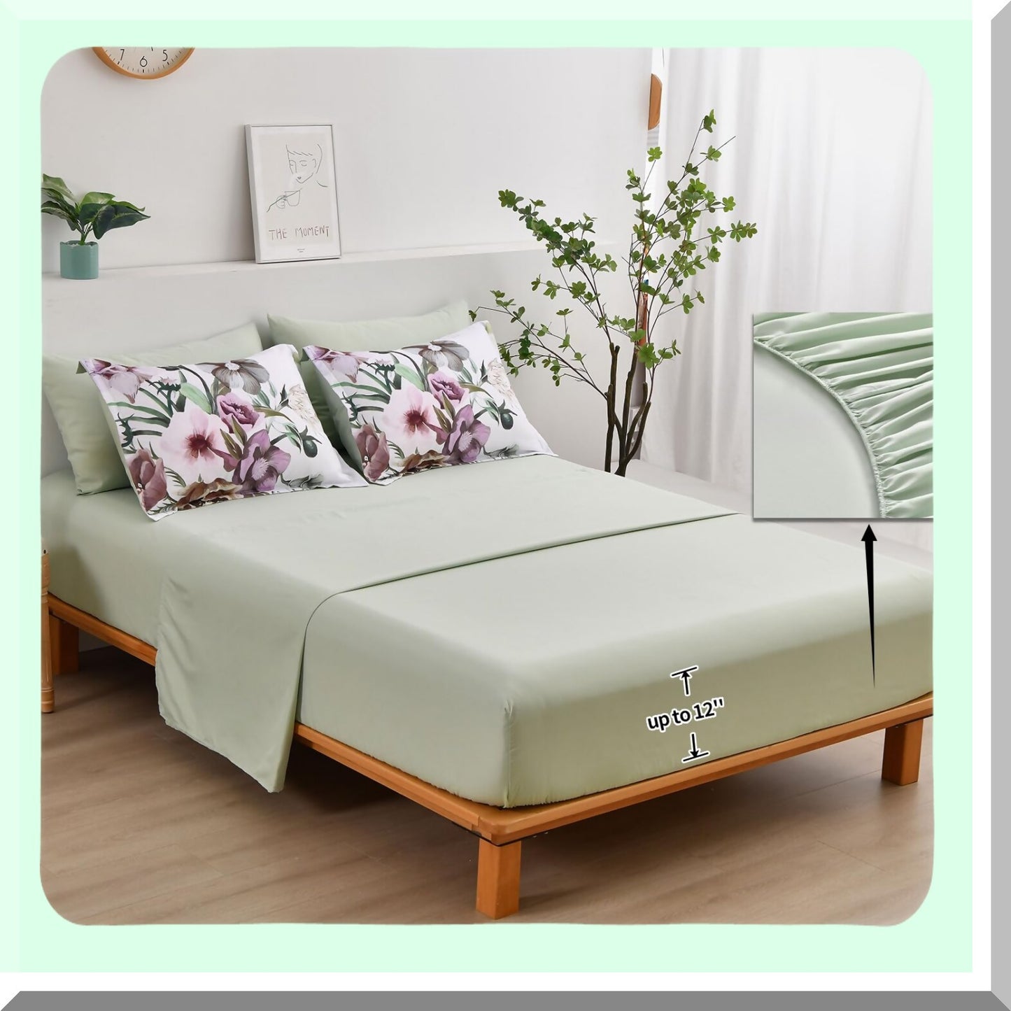 Green Blossom Bliss 7-Piece Queen Size Comforter Set - Elegant Floral Bed in a Bag with Soft Microfiber Sheets - All Season Bedding Set for a Cozy Night's Sleep