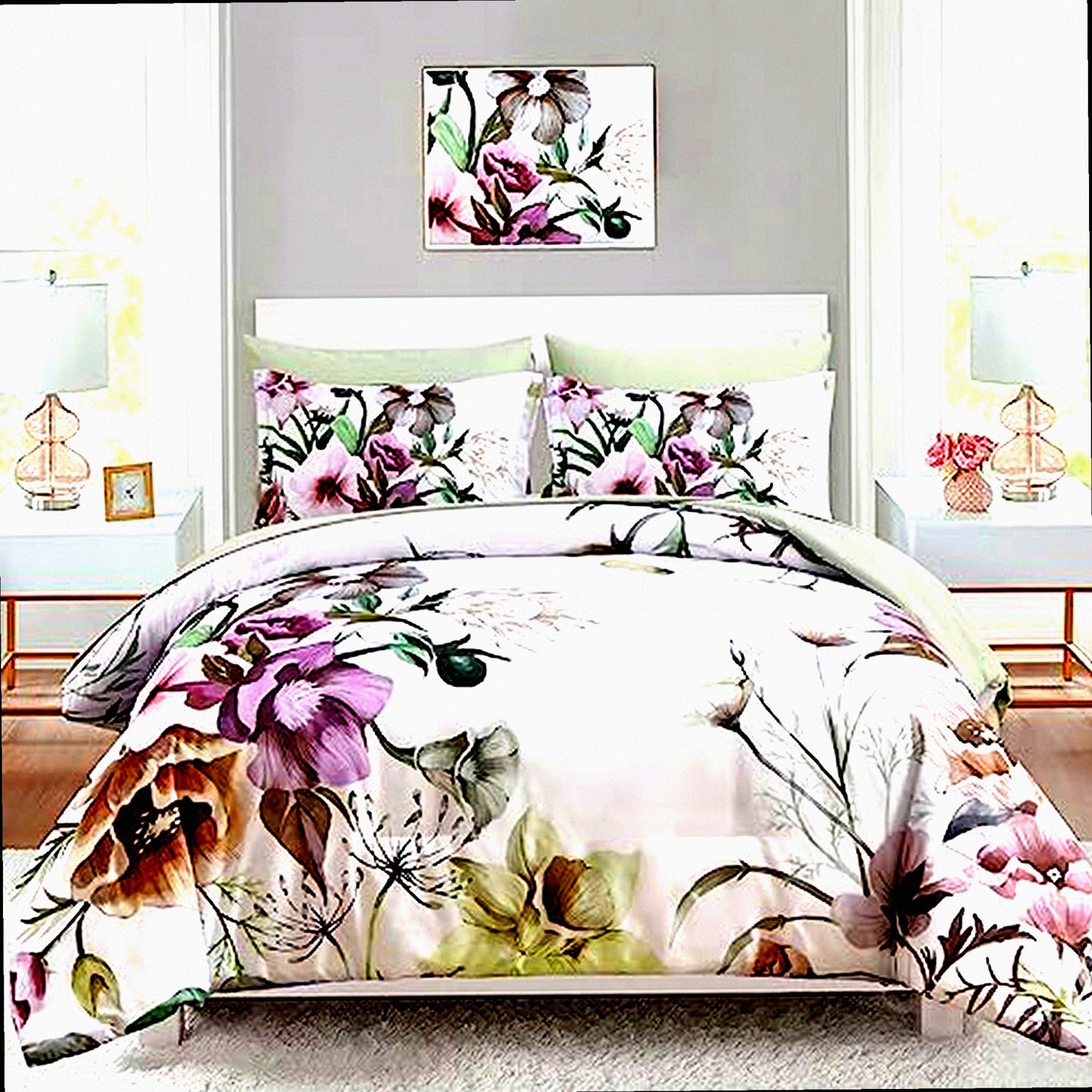 Green Blossom Bliss 7-Piece Queen Size Comforter Set - Elegant Floral Bed in a Bag with Soft Microfiber Sheets - All Season Bedding Set for a Cozy Night's Sleep