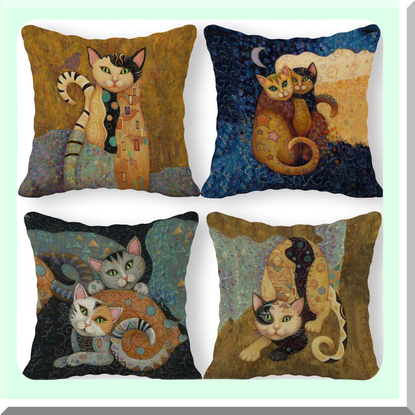 Funny Cat Theme Linen Pillowcase Set - Cat Lover Gifts - Children's Room Decor - Sofa Couch Bed Cushion Cover - Abstract Cat Design - 18x18 Inch - Pack of 4