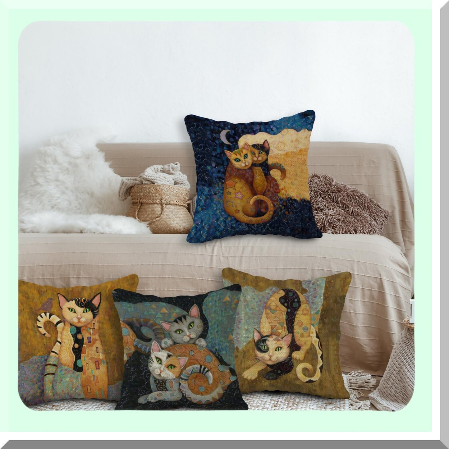 Funny Cat Theme Linen Pillowcase Set - Cat Lover Gifts - Children's Room Decor - Sofa Couch Bed Cushion Cover - Abstract Cat Design - 18x18 Inch - Pack of 4