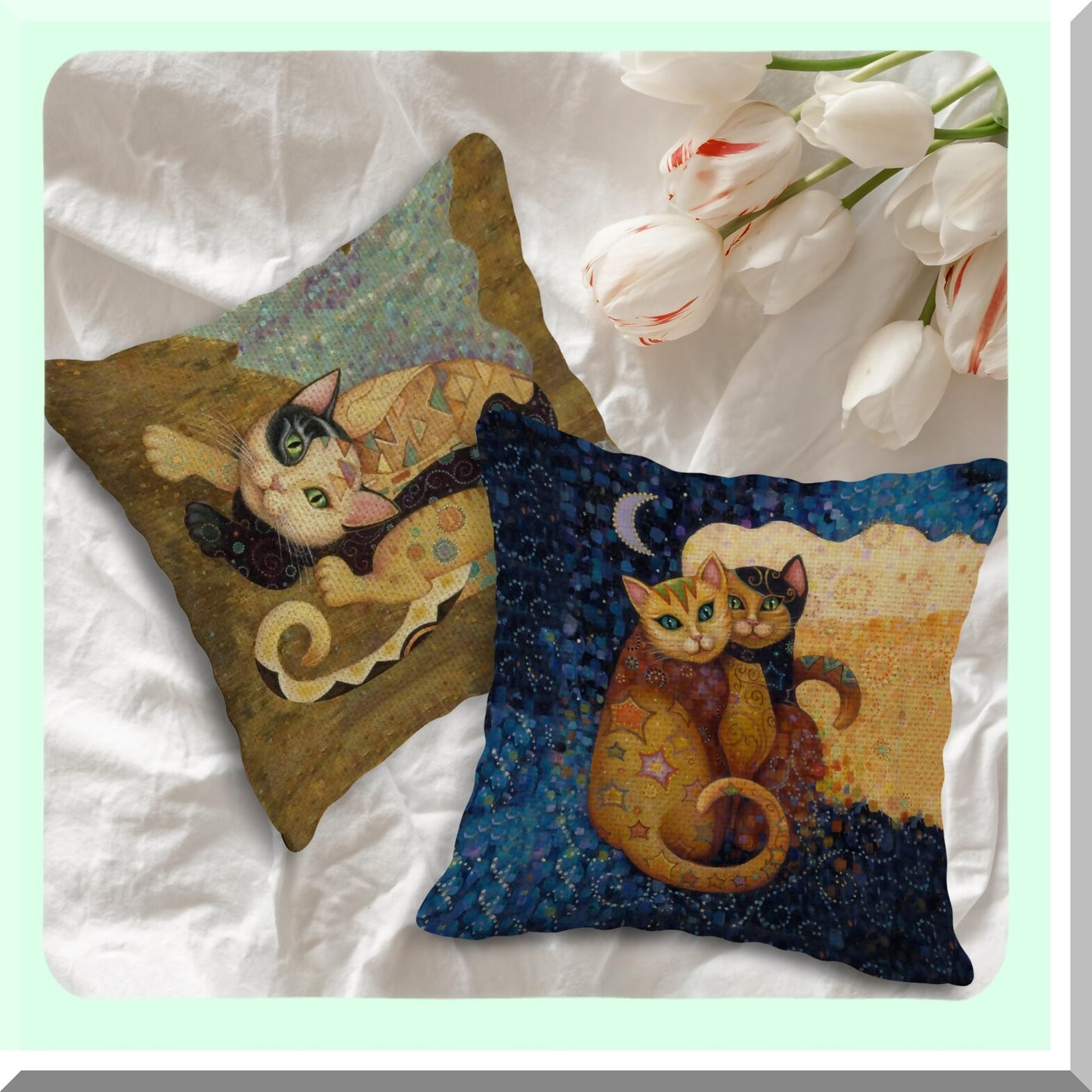 Funny Cat Theme Linen Pillowcase Set - Cat Lover Gifts - Children's Room Decor - Sofa Couch Bed Cushion Cover - Abstract Cat Design - 18x18 Inch - Pack of 4