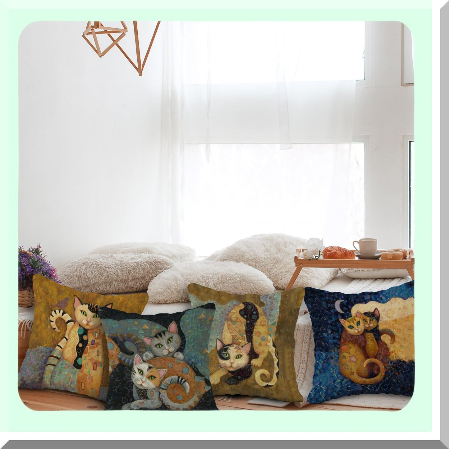 Funny Cat Theme Linen Pillowcase Set - Cat Lover Gifts - Children's Room Decor - Sofa Couch Bed Cushion Cover - Abstract Cat Design - 18x18 Inch - Pack of 4