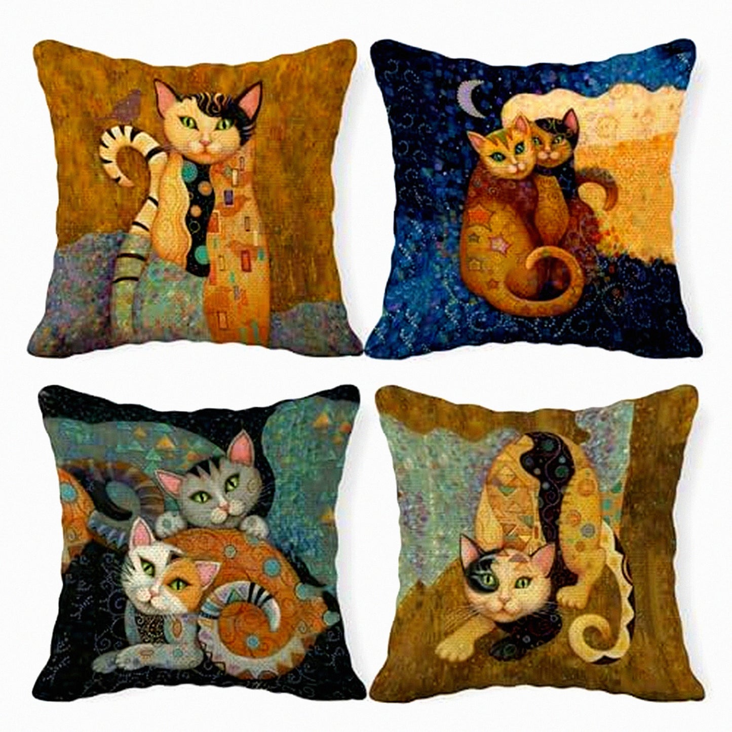 Funny Cat Theme Linen Pillowcase Set - Cat Lover Gifts - Children's Room Decor - Sofa Couch Bed Cushion Cover - Abstract Cat Design - 18x18 Inch - Pack of 4
