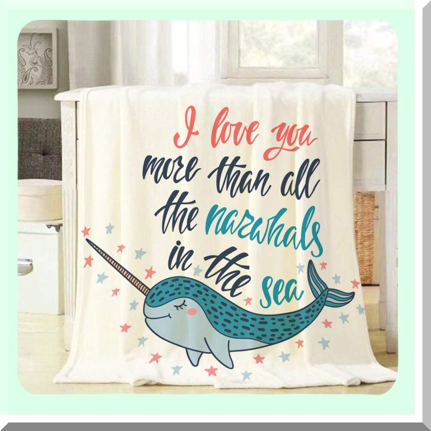Narwhal Love Cozy Flannel Throw - Soft, Warm, and Decorative Blanket for Baby, Toddler, Dog, or Cat - 30x40 Inch