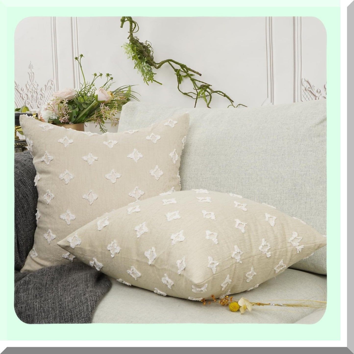 Rhombic Jacquard Decorative Pillow Covers - Soft Square Cushion Cases for Couch Sofa Bed - Beige Throw Pillow Set for Living Room & Bedroom - 18 X 18