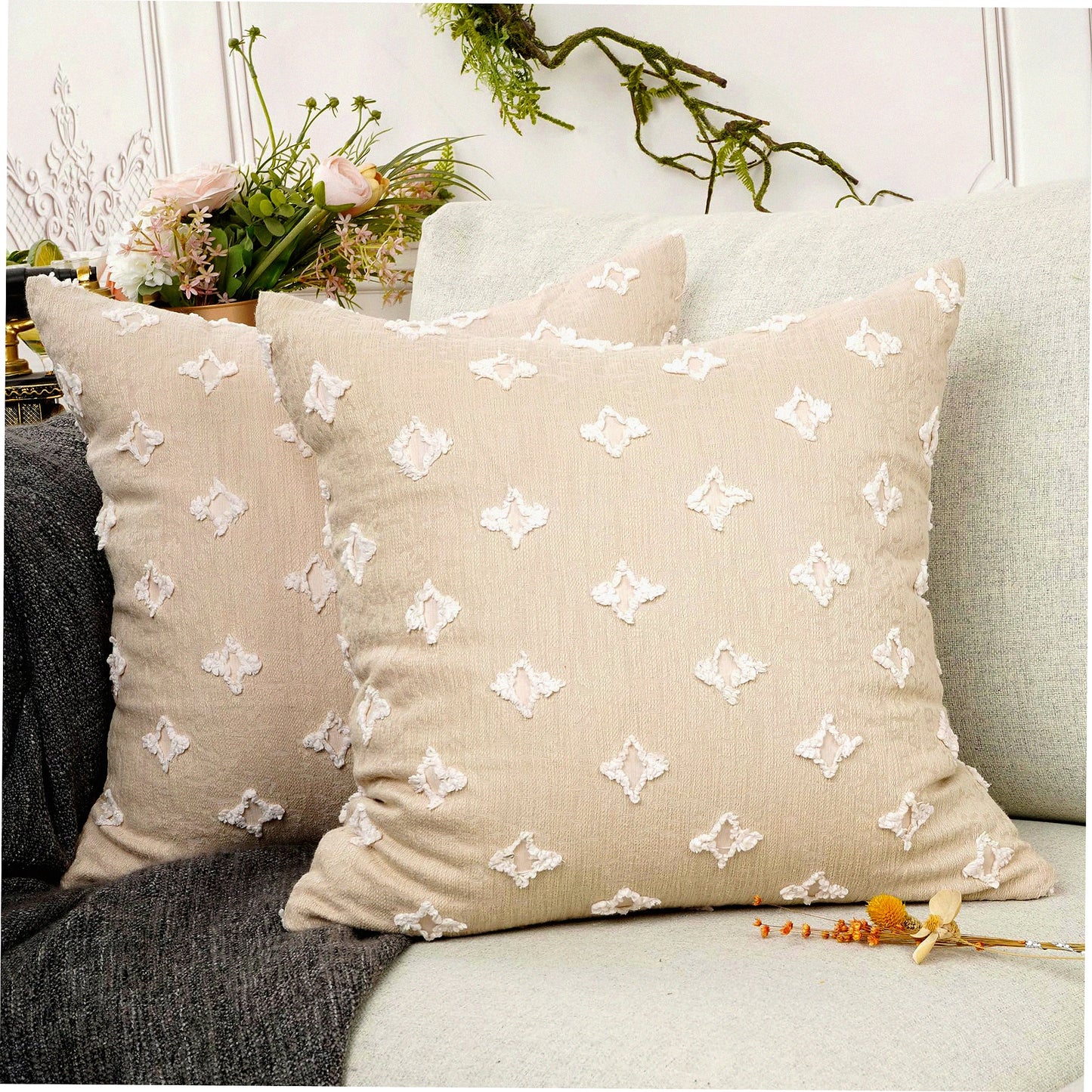 Rhombic Jacquard Decorative Pillow Covers - Soft Square Cushion Cases for Couch Sofa Bed - Beige Throw Pillow Set for Living Room & Bedroom - 18 X 18