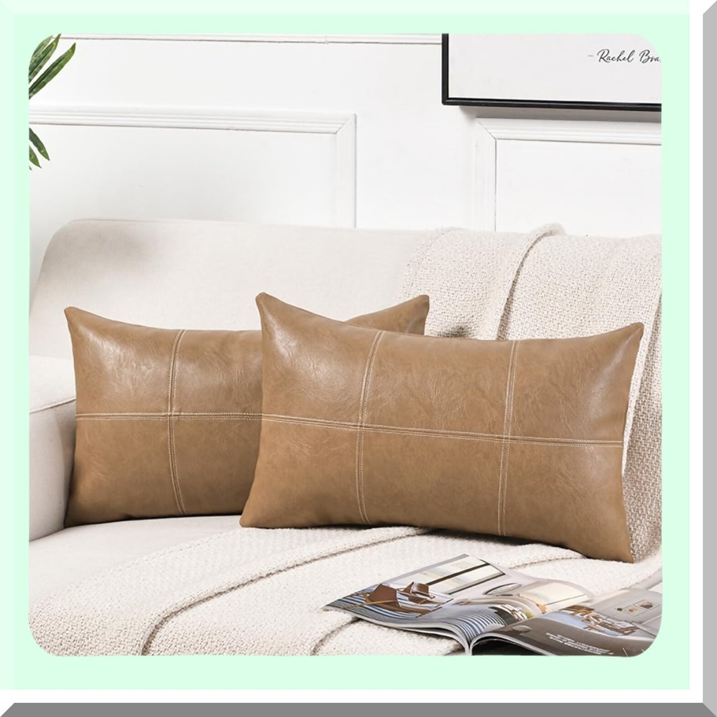 Waterproof Leather Lumbar Pillow Covers - Farmhouse Boho Decorative Cushion Case Set - Taupe Beige Plaid Stitched Throw Pillows for Couch Bed - 12x20 Inch 2 Pack