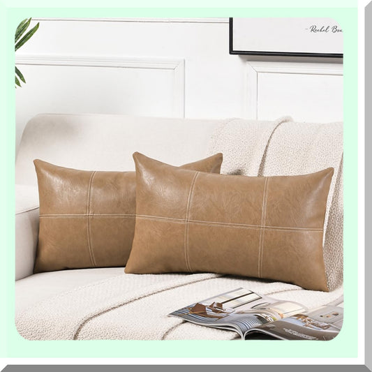 Waterproof Leather Lumbar Pillow Covers - Farmhouse Boho Decorative Cushion Case Set - Taupe Beige Plaid Stitched Throw Pillows for Couch Bed - 12x20 Inch 2 Pack