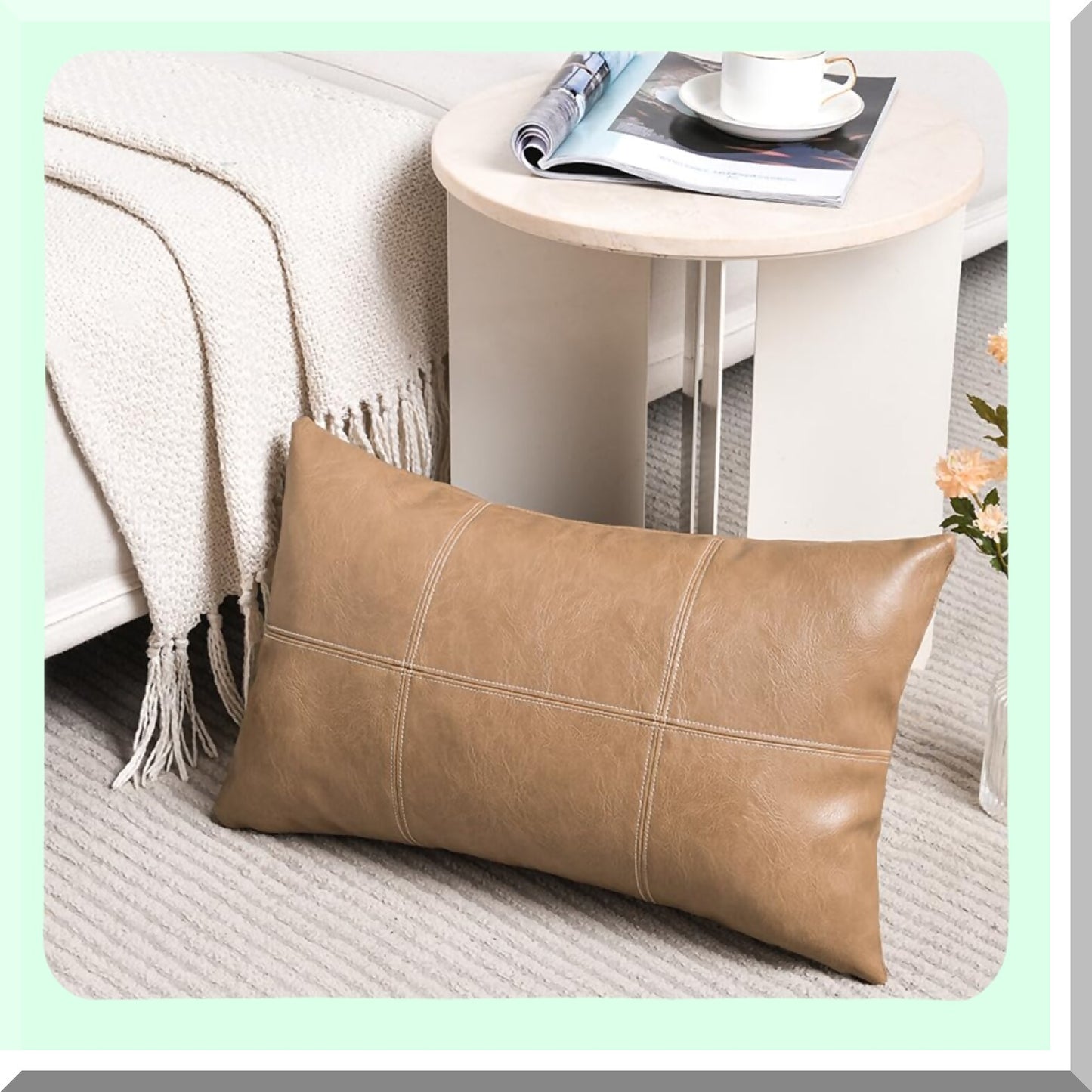 Waterproof Leather Lumbar Pillow Covers - Farmhouse Boho Decorative Cushion Case Set - Taupe Beige Plaid Stitched Throw Pillows for Couch Bed - 12x20 Inch 2 Pack