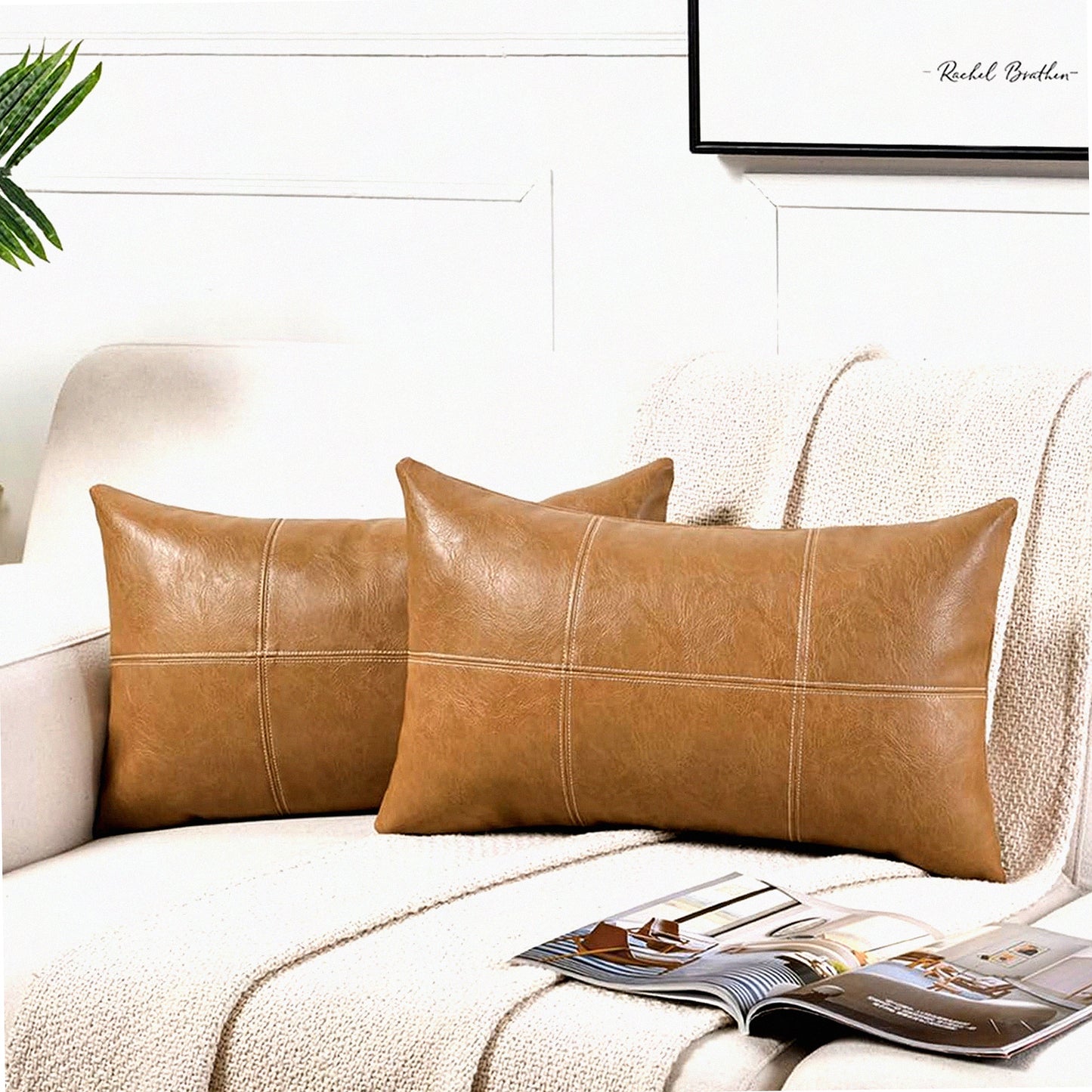 Waterproof Leather Lumbar Pillow Covers - Farmhouse Boho Decorative Cushion Case Set - Taupe Beige Plaid Stitched Throw Pillows for Couch Bed - 12x20 Inch 2 Pack