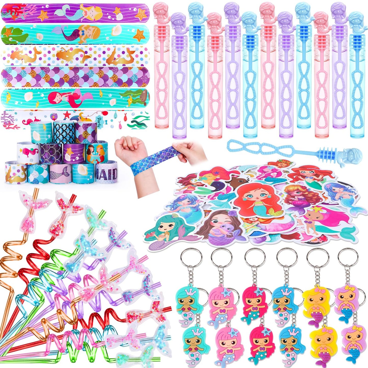 Mermaid Magic Party Pack - 98PCS Mermaid Party Favors for Girls! Includes Straw, Bubble Wand, Slap Bracelet, Keychain, Sticker, Prize, Pinata Filler, Goodie Bags Stuffers, and Decorations!