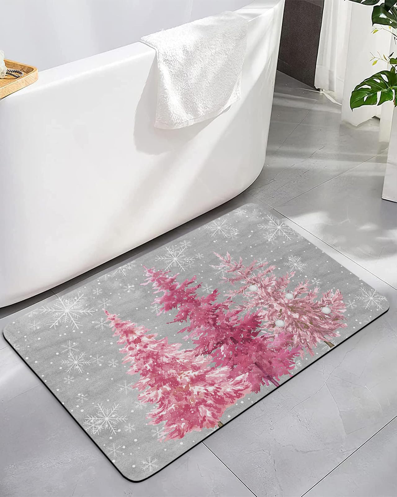 Abstract Tree Bath Mat 16"x24" Non Slip Pink Grey