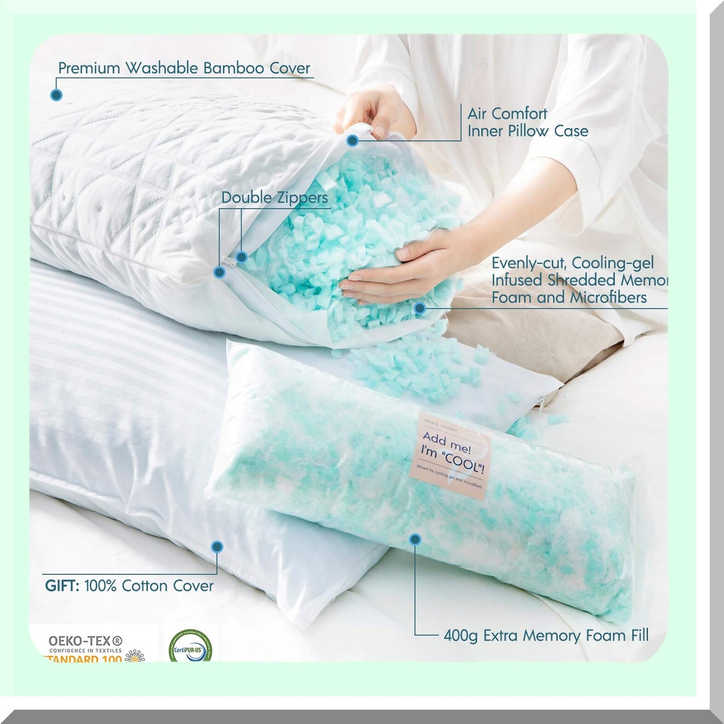 CoolDream Memory Foam Cooling Gel Pillow - Adjustable Firmness Bamboo & Cotton Cover - Queen Size - 1 Pack Gift Package - Hot Sleeper's Choice