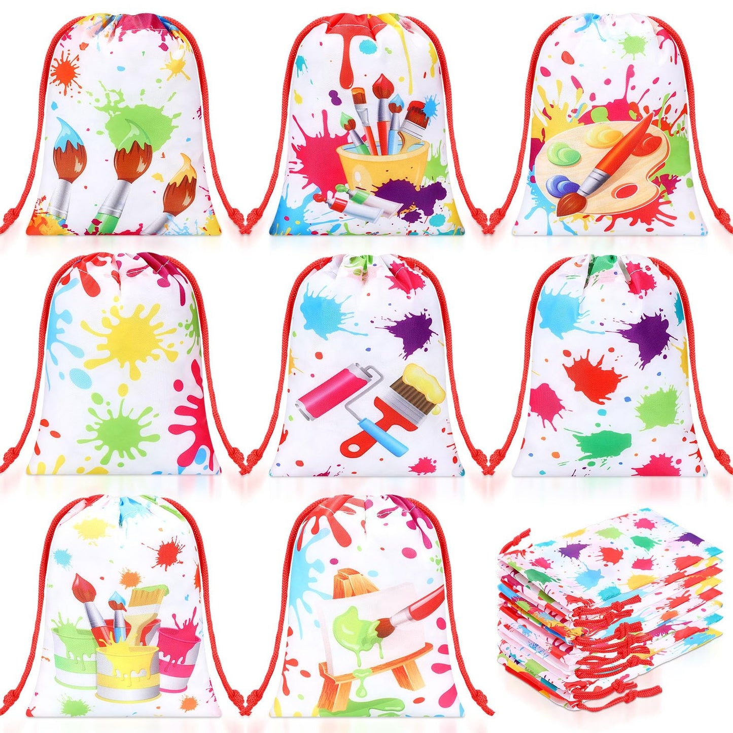 Paint Party Favor Bags - Set of 24 Drawstring Goodie Bags for Kids Art Theme Birthday Decorations. Perfect for Art Paint Splatter Party!