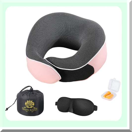 360 Support Memory Foam Neck Pillow - Adjustable Head, Chin, and Neck Support for Airplanes, Cars, and Home - Ergonomic Design with Full Neck Surround - Includes Bundle Cover and Earplugs - Pink