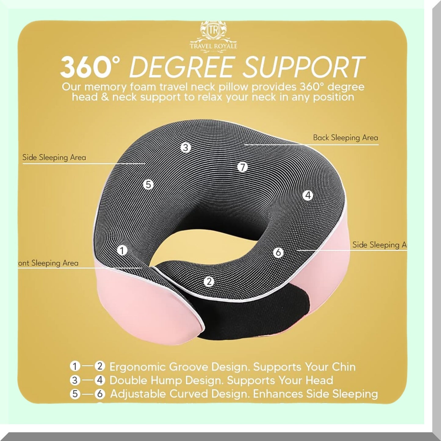 360 Support Memory Foam Neck Pillow - Adjustable Head, Chin, and Neck Support for Airplanes, Cars, and Home - Ergonomic Design with Full Neck Surround - Includes Bundle Cover and Earplugs - Pink