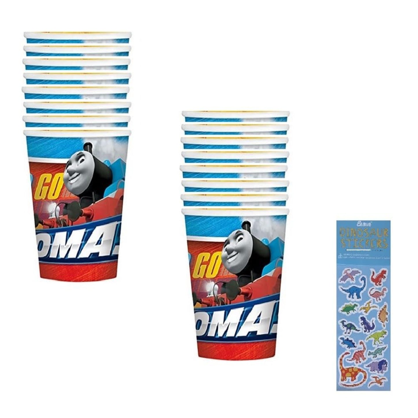 All Aboard Dino Party Pack - 16 Cups & Sticker Sheet - Thomas Train Birthday Supplies - Kids Party Decor - Fun Dinosaur Theme - Celebration Kit