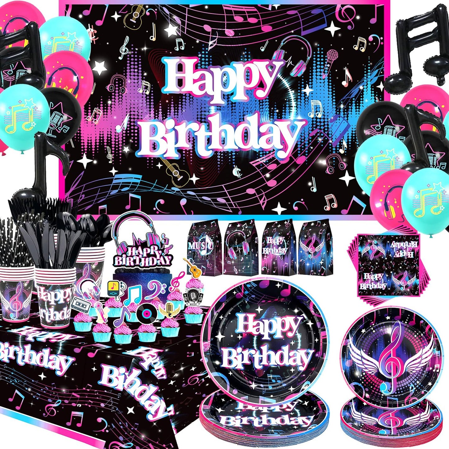 Musical Vibes Party Pack - Complete Music Birthday Decor Set for Kids - Backdrop, Plates, Cups, Tablecloth, Balloons, Cake Toppers - Serves 20 Guests