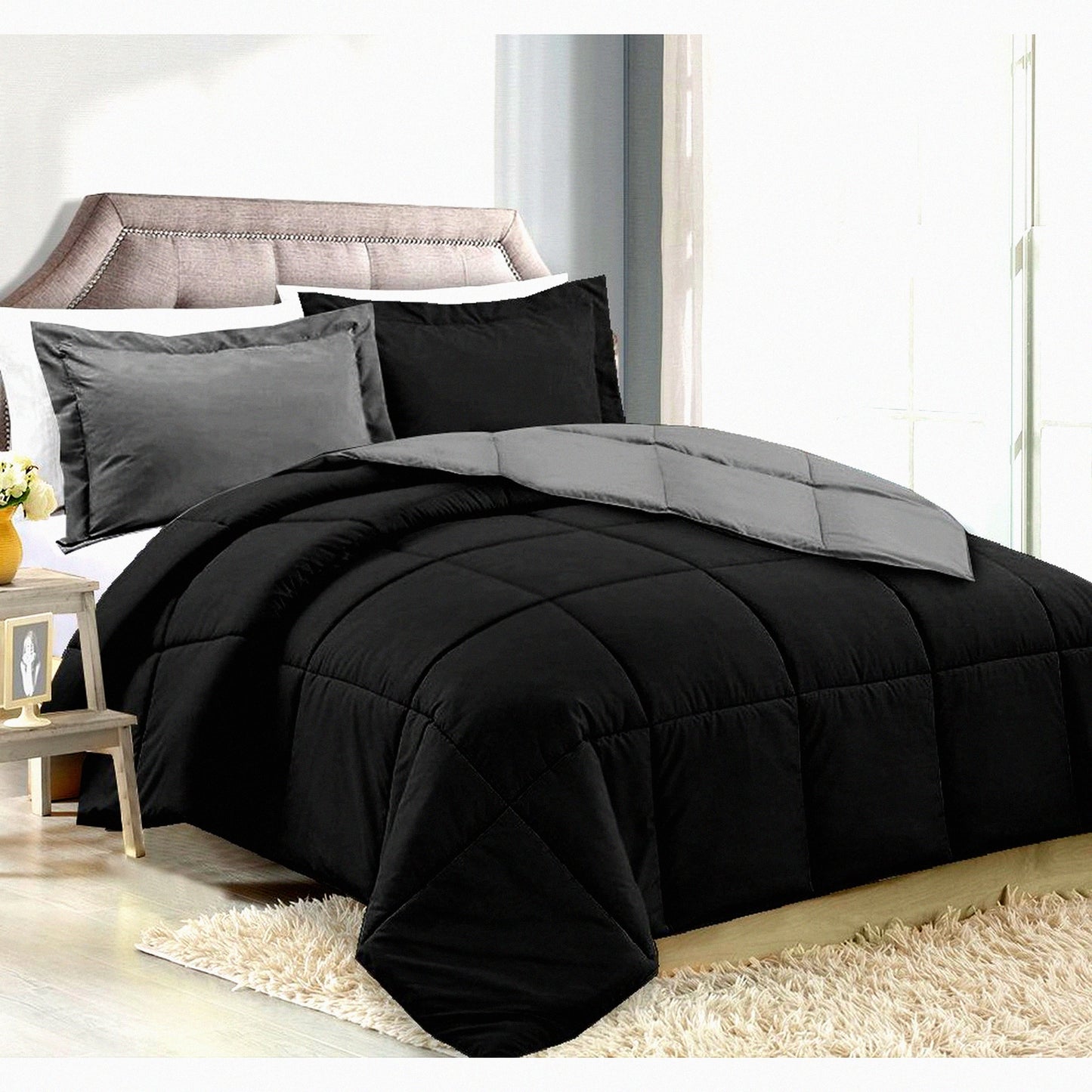 PlushDreams All Season Down Alternative Comforter Set - Luxury Box Stitched Duvet Insert in Black Gray - King/Queen Size - Hypoallergenic & Cozy