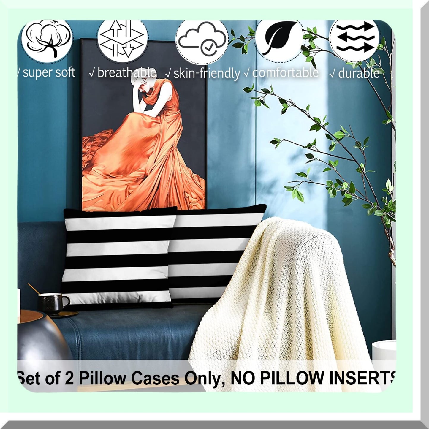 Velvet Stripe Pillowcase Set - Soft Square Throw Pillow Covers for Couch - Decorative Home Decor Gift - Black White Pattern - 18 Inch x 18 Inch