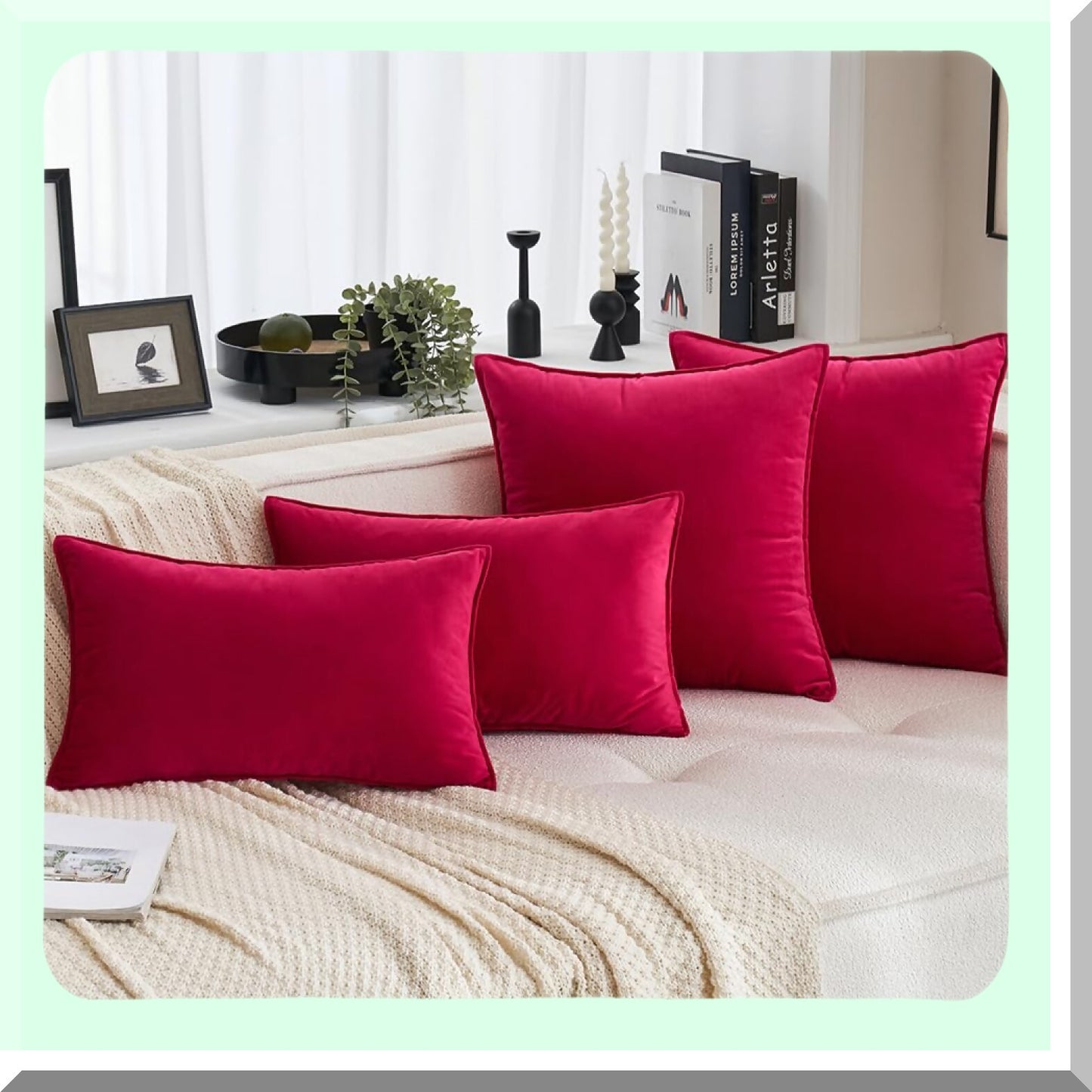 Velvet Cozy Cushion Covers - Set of 2 Soft Decorative Pillowcases for Sofa Couch, Bedroom Home Decor - 20x20 Inch Red Square Pillow Covers