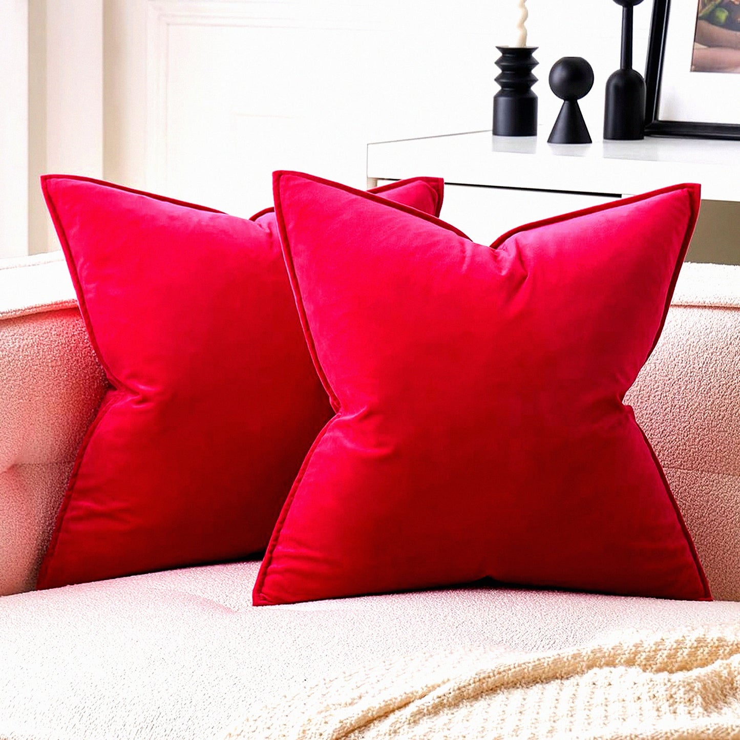 Velvet Cozy Cushion Covers - Set of 2 Soft Decorative Pillowcases for Sofa Couch, Bedroom Home Decor - 20x20 Inch Red Square Pillow Covers