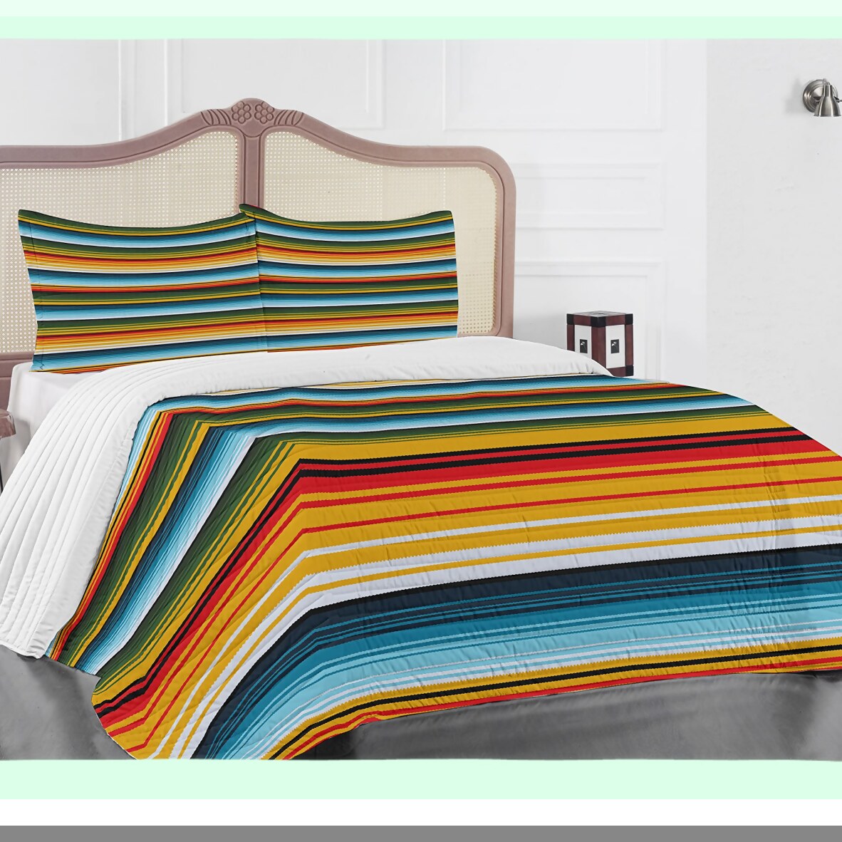 Sunshine Dreams Microfiber Bedspread Set - Mexican Inspired Handwoven Stripes Comforter with Pillow Shams - Queen Size Yellow Bedding Set