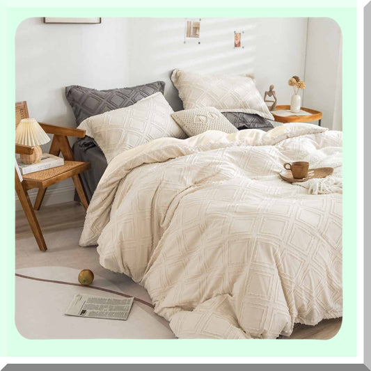 Boho Chic Geometry Comforter Set - Soft Beige Tufted Jacquard Down Alternative Microfiber Bedding for Modern Farmhouse Style - All Season Duvet for Women & Men - 3pc Cream Tan, Size 104 x 90