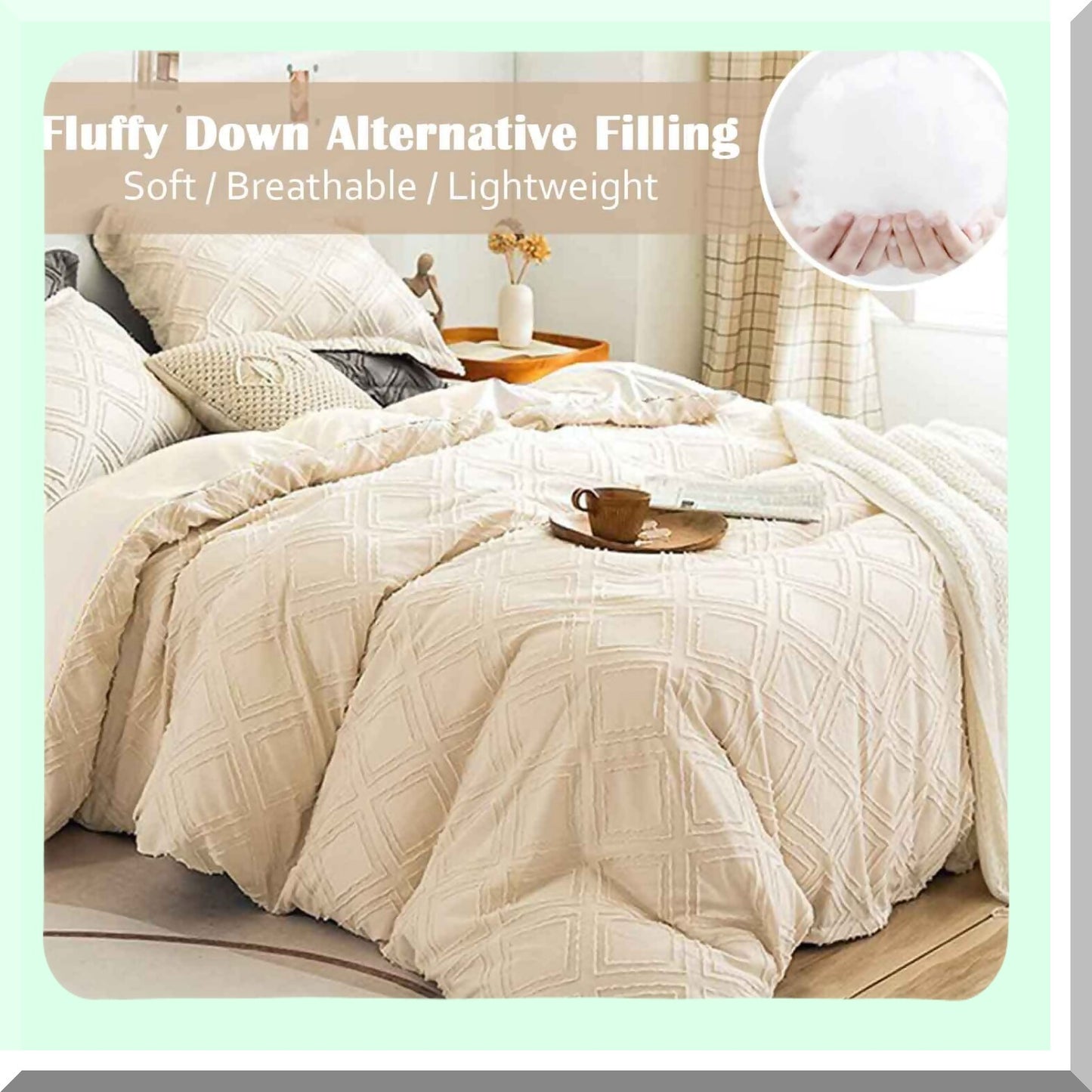 Boho Chic Geometry Comforter Set - Soft Beige Tufted Jacquard Down Alternative Microfiber Bedding for Modern Farmhouse Style - All Season Duvet for Women & Men - 3pc Cream Tan, Size 104 x 90