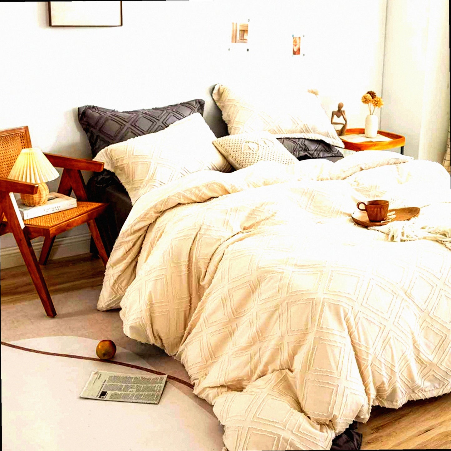 Boho Chic Geometry Comforter Set - Soft Beige Tufted Jacquard Down Alternative Microfiber Bedding for Modern Farmhouse Style - All Season Duvet for Women & Men - 3pc Cream Tan, Size 104 x 90