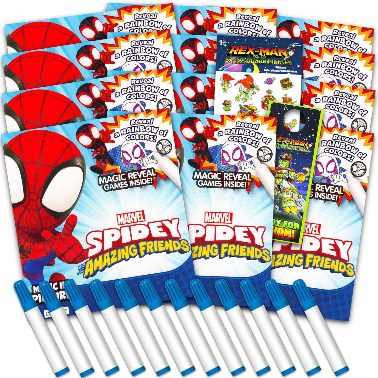 Spider Ink Adventures Coloring Set - 12 Pack No-Mess Books with Spiderman & Rex-Man Stickers, Door Hanger, Party Favors Bundle for Kids