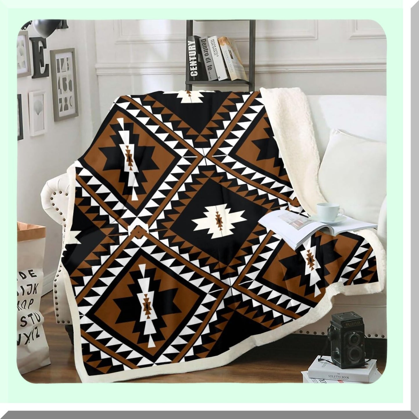 Southwestern Diamond Sherpa Throw - Rustic Bohemian Fleece Blanket for Men, Ethnic Mexican Geometric Flannel, Farmhouse Room Decor, 50"x60" Brown Black White