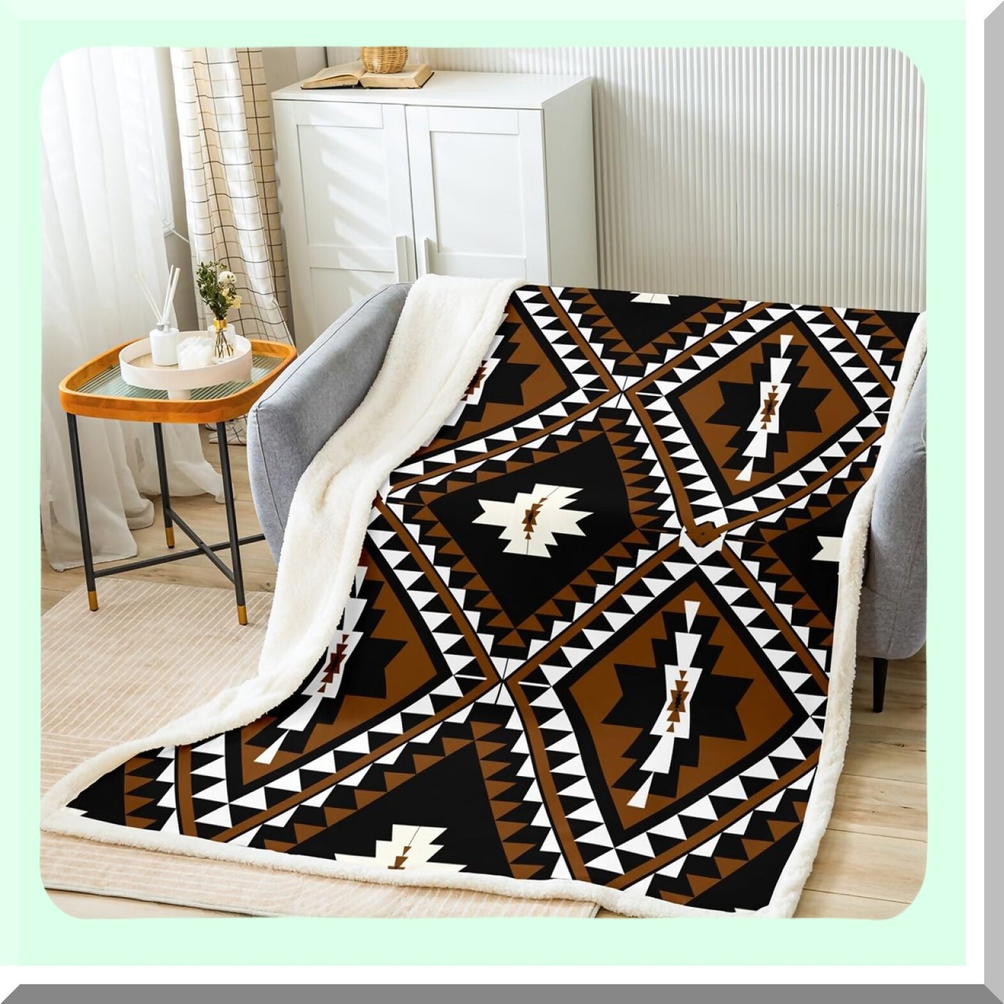 Southwestern Diamond Sherpa Throw - Rustic Bohemian Fleece Blanket for Men, Ethnic Mexican Geometric Flannel, Farmhouse Room Decor, 50"x60" Brown Black White