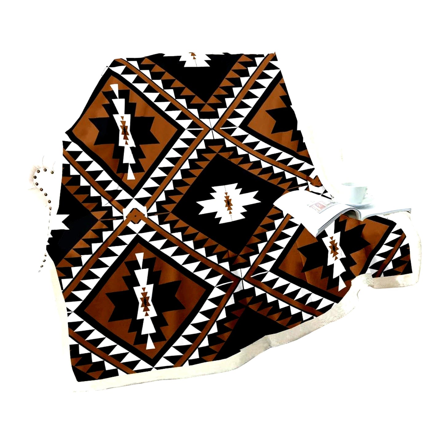 Southwestern Diamond Sherpa Throw - Rustic Bohemian Fleece Blanket for Men, Ethnic Mexican Geometric Flannel, Farmhouse Room Decor, 50"x60" Brown Black White