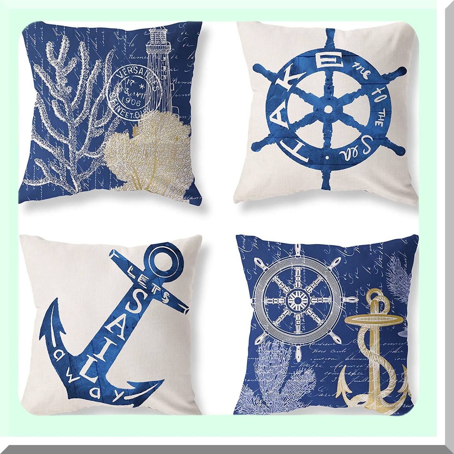 Ocean Breeze Anchor Pillow Covers - Set of 4 Navy Blue Nautical Throw Pillow Cases for Couch, Living Room, Sofa, Bed - Coastal Decorative Linen Cushion Covers 18x18 Square White Home Outdoor