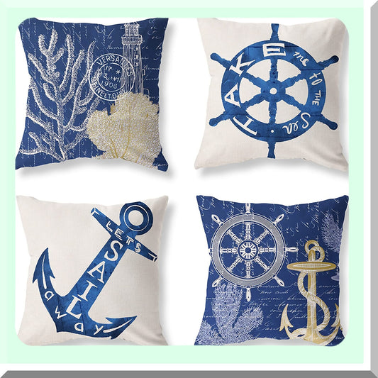 Ocean Breeze Anchor Pillow Covers - Set of 4 Navy Blue Nautical Throw Pillow Cases for Couch, Living Room, Sofa, Bed - Coastal Decorative Linen Cushion Covers 18x18 Square White Home Outdoor