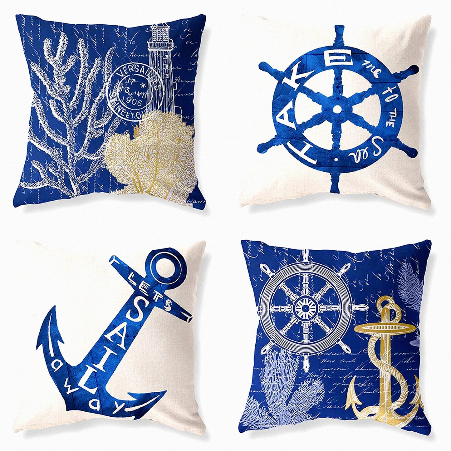 Ocean Breeze Anchor Pillow Covers - Set of 4 Navy Blue Nautical Throw Pillow Cases for Couch, Living Room, Sofa, Bed - Coastal Decorative Linen Cushion Covers 18x18 Square White Home Outdoor