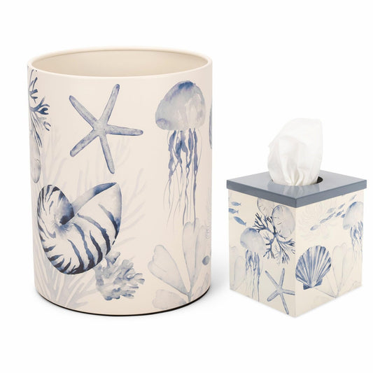 Round Beach Bathroom Trash Can and Tissue Box Set