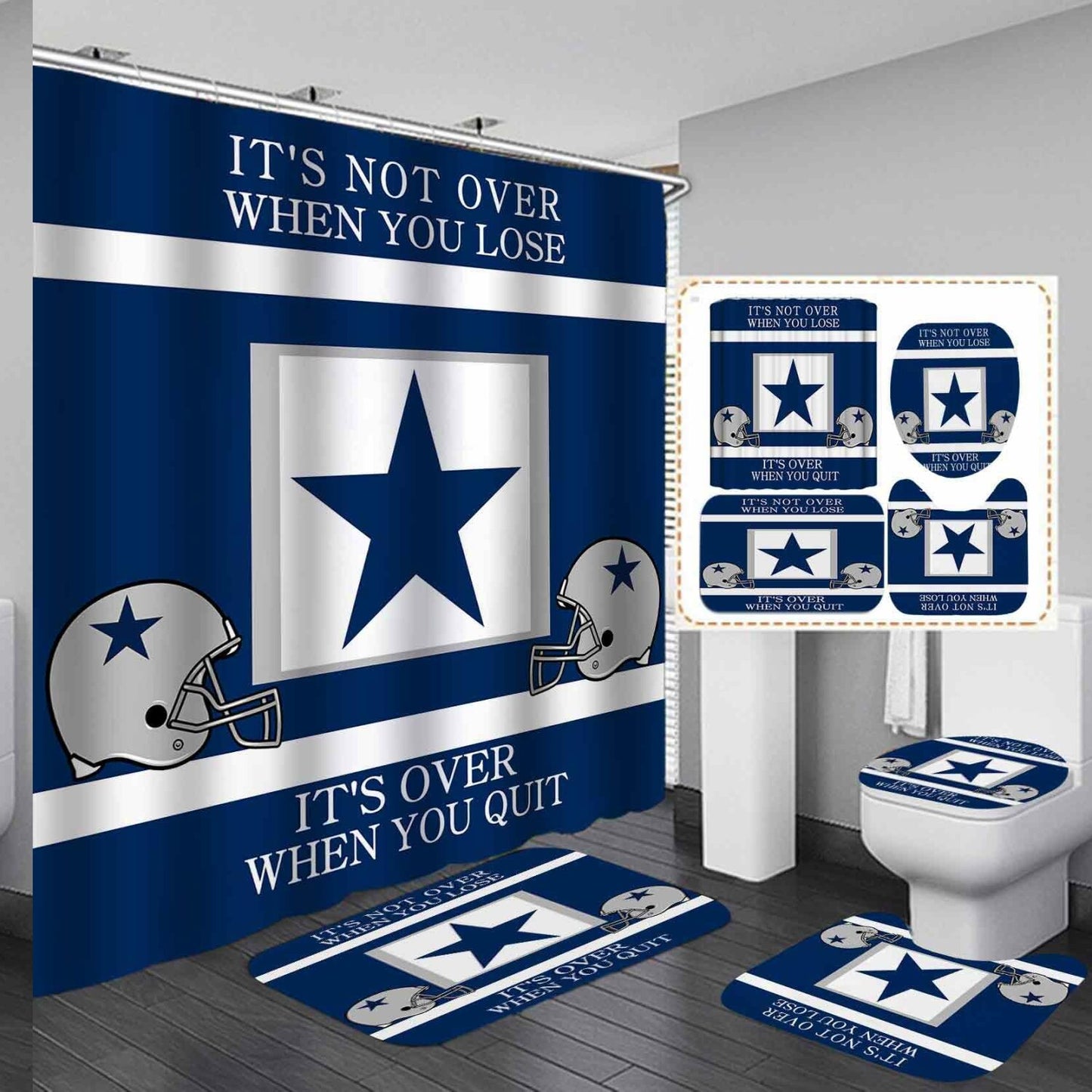 4PCS Sports Shower Curtain Set with Non-Slip Bath Mats