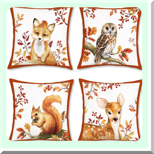 Woodland Creatures Velvet Pillow Covers - Set of 4, 18x18 Inch Fox Deer Squirrel Owl Leaves Decorative Cushion Cases for Couch Sofa Home Decor