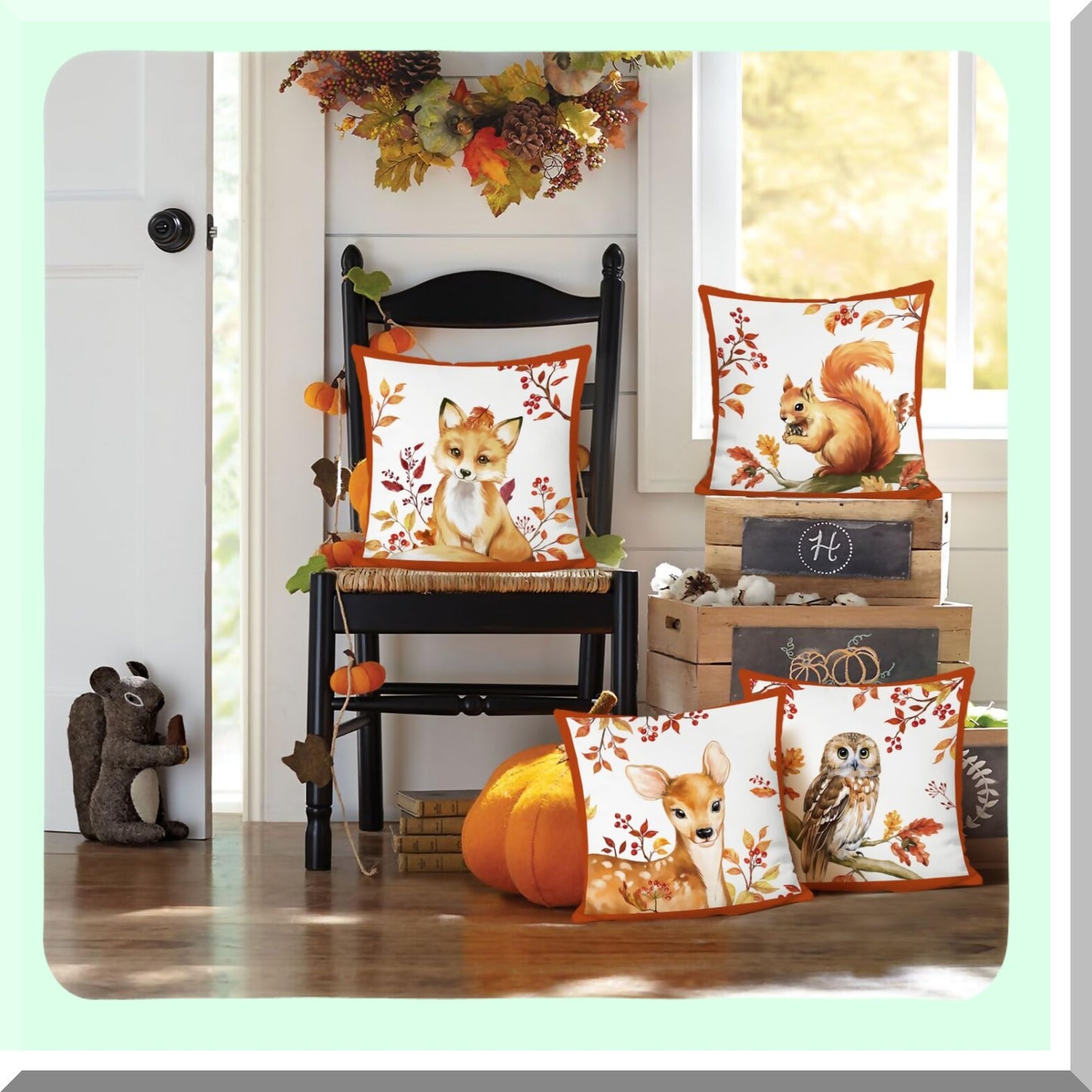 Woodland Creatures Velvet Pillow Covers - Set of 4, 18x18 Inch Fox Deer Squirrel Owl Leaves Decorative Cushion Cases for Couch Sofa Home Decor