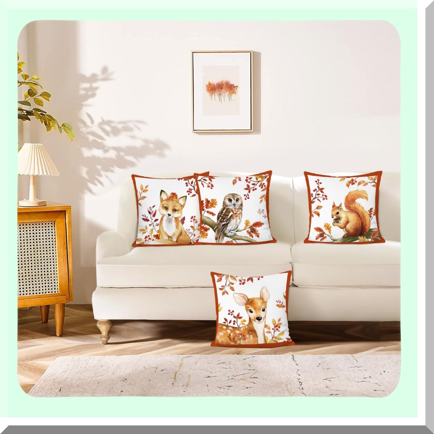 Woodland Creatures Velvet Pillow Covers - Set of 4, 18x18 Inch Fox Deer Squirrel Owl Leaves Decorative Cushion Cases for Couch Sofa Home Decor