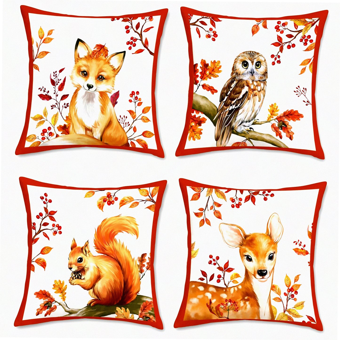 Woodland Creatures Velvet Pillow Covers - Set of 4, 18x18 Inch Fox Deer Squirrel Owl Leaves Decorative Cushion Cases for Couch Sofa Home Decor