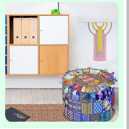 Boho Patchwork Cotton Pouf Ottoman Cover - Multicolor Footrest Pouffe for Living Room & Bedroom Decor - Round Circular Tel Footstool - Blue 22"x14"x22"