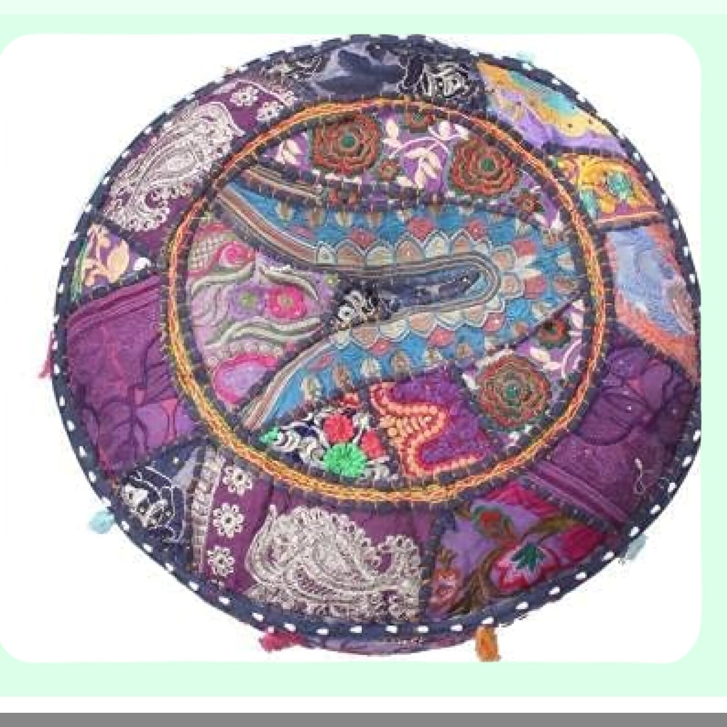 Boho Patchwork Cotton Pouf Ottoman Cover - Multicolor Footrest Pouffe for Living Room & Bedroom Decor - Round Circular Tel Footstool - Blue 22"x14"x22"